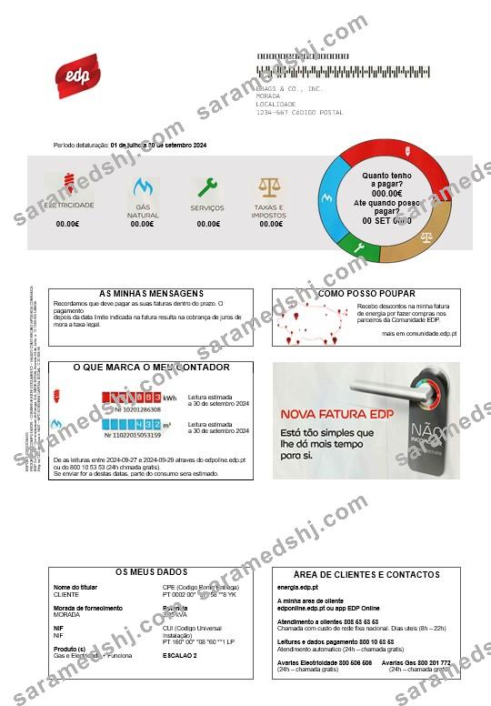 Portugal EDP business utility bill template in Word and PDF formats, good for address prove